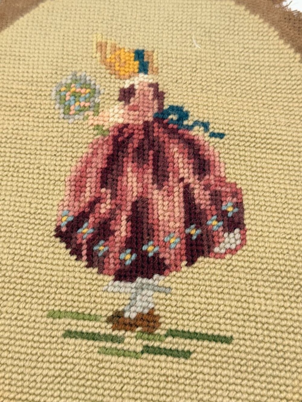 Vintage 2 Needlepoint Oval Victorian Dressed Ladies Bonnets Basket Flowers 10x8" - Picture 5 of 6